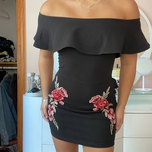 Stunning elegant black mini off the shoulder dress with floral embroidery